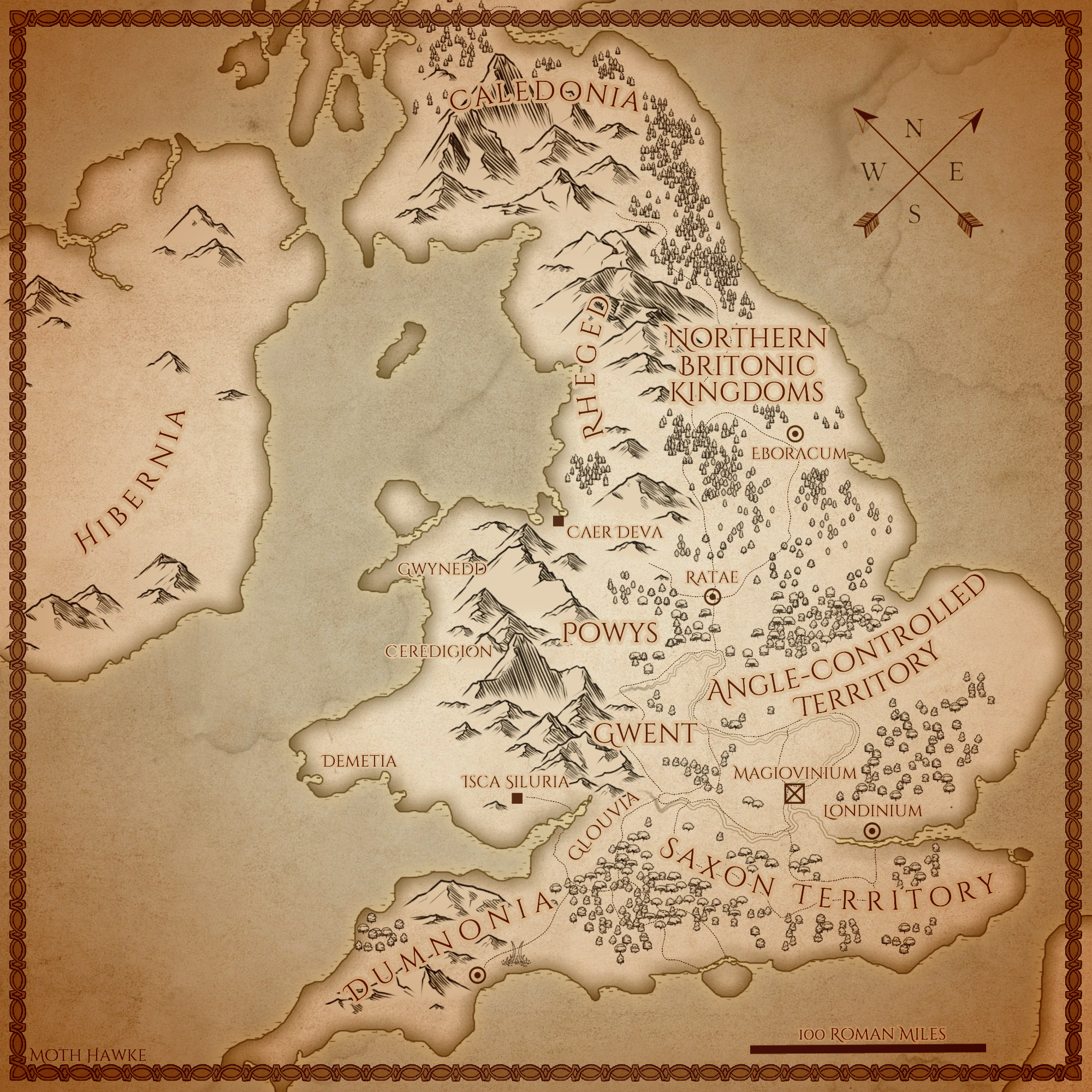 Map of post-Roman Britain showing Dumnonia, Powys, Gwent, the Northern Britonic Kingdoms, Angle-controlled and Saxon territory, and cities including Isca Siluria, Caer Deva, Eboracum, Ratae, Magiovinium, and Londinium