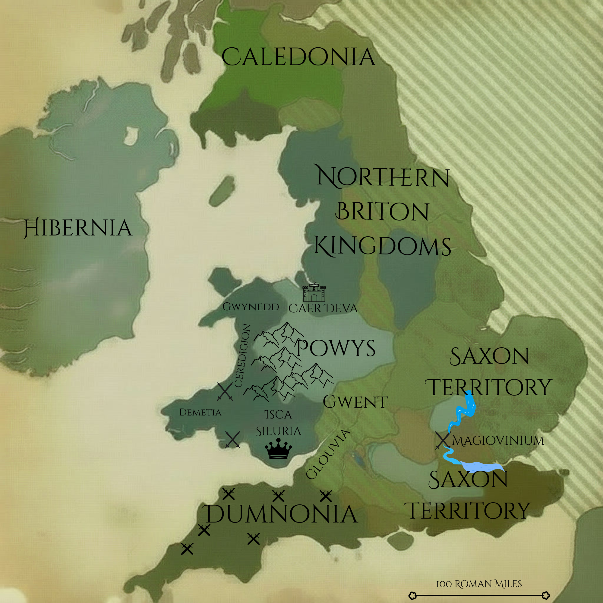 Map of Britannia Prima showing kingdoms of Powys, Dumnonia, Saxon Territory, and surrounding regions in the year 564 AD